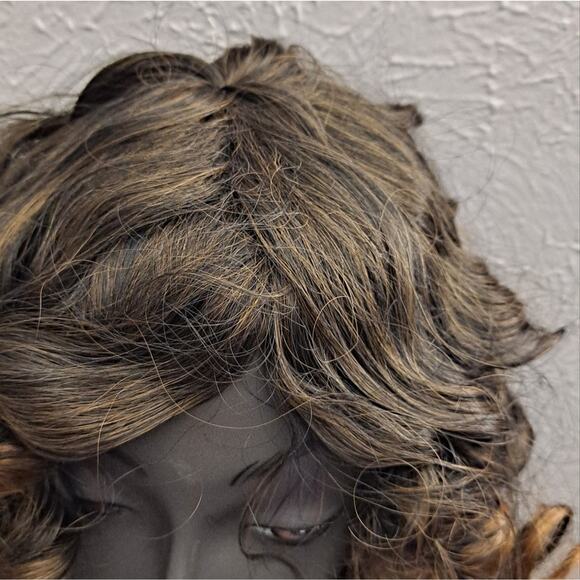 Curly Wig Bouncy Synthetic Women Ombre Blonde Brown Adjustable Combs - Picture 2 of 8
